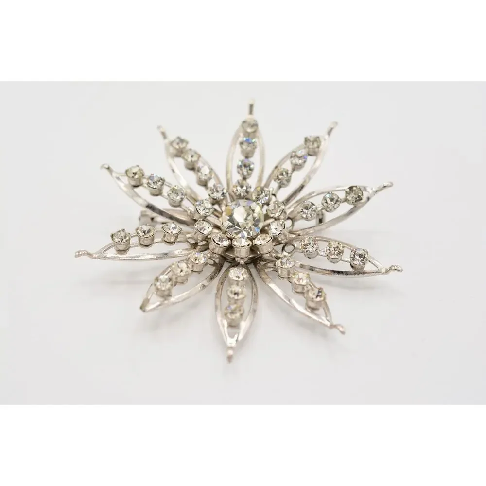 Vintage Crystal Flower Pin Brooch Baguette Prong Rhinestone Silver 1960s BinAL